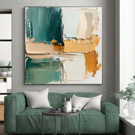 Big Abstract Painting On Canvas, Teal Beige Orange Abstract Textured Art On Canvas PT173