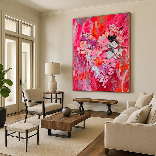 Large Size Red, Pink, and Gray Floral Abstract Art PT719