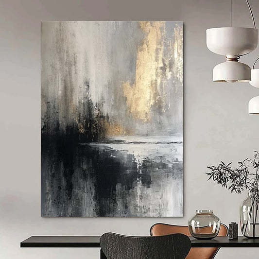 48x60 Black, Gray & Gold Abstract Waterfront, Acrylic Modern Art Paintings DPS490