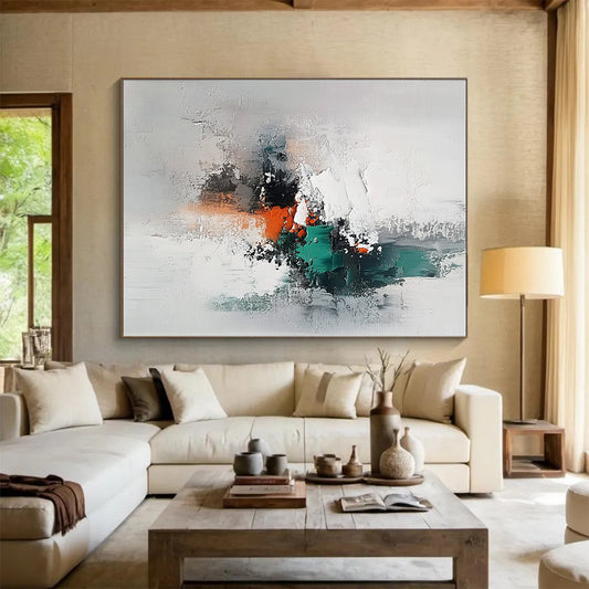 Big Abstract Painting On Canvas With Gray, Teal, Orange Textured Abstract Composition On Canvas PT198