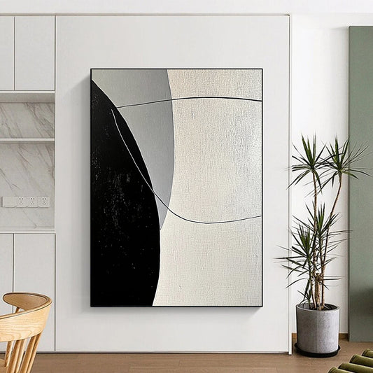Large Abstract Art For Sale With Black, White, Gray Geometric Lines On Canvas PT199