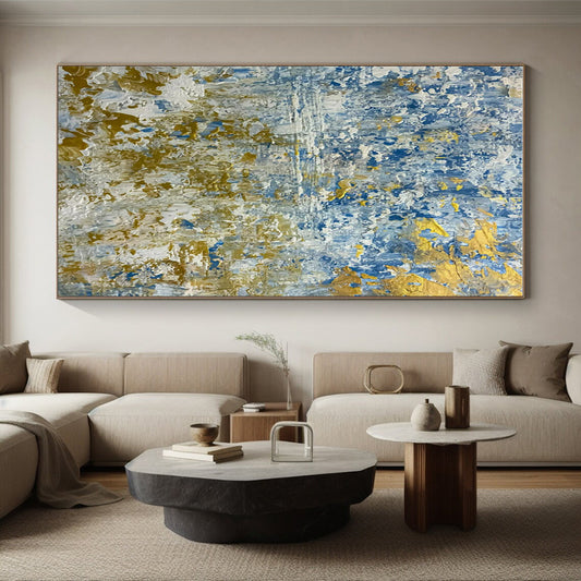 Large Size Blue, Gold, and White Textured Landscape Abstract Art PT726