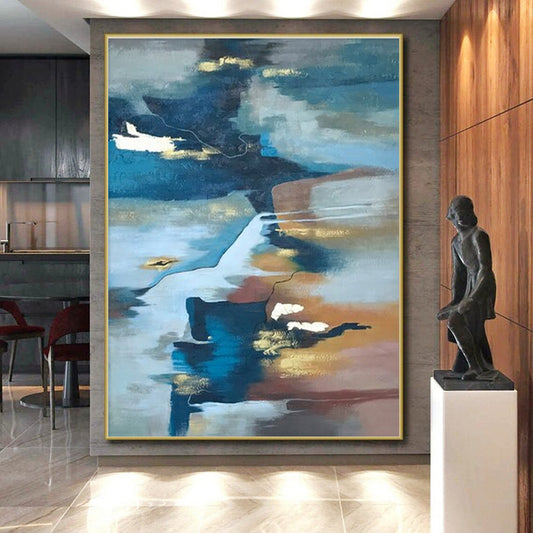 Large Contemporary Wall Art Blue, Brown, and Gold Abstract Art PT652
