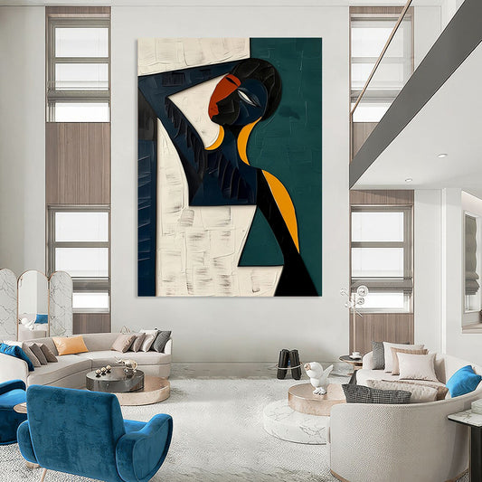 Acrylic Modern Art Paintings Geometric Figure with Teal, Black, White, and Orange Abstract Portrait DPS423