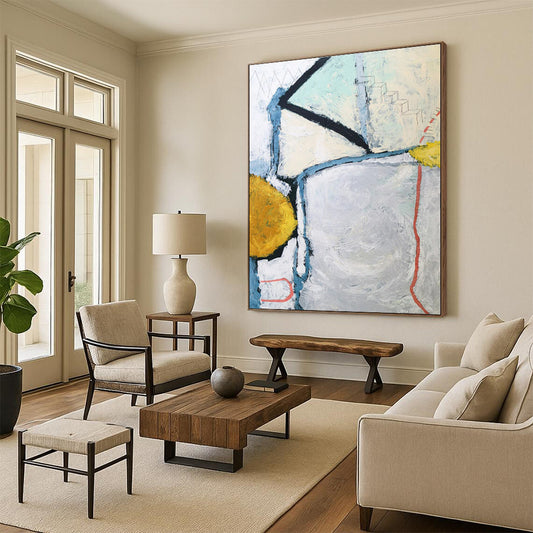 Oversized Abstract Wall Art Gray, Yellow, and Red Geometric Abstract Art PT826