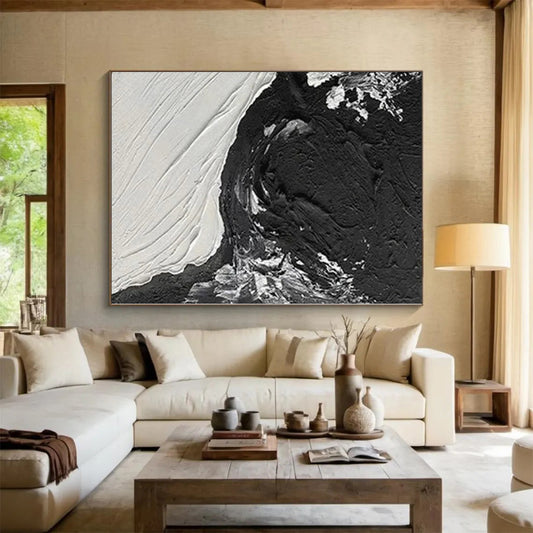 Oversized Abstract Wall Art in Black and White with Textured Brushstrokes PT019
