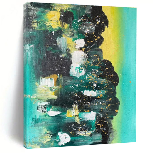 Hand Painting Teal, Black, Yellow, and Gold Abstract Work with Splatter Details, Cool Abstract Paintings PT212