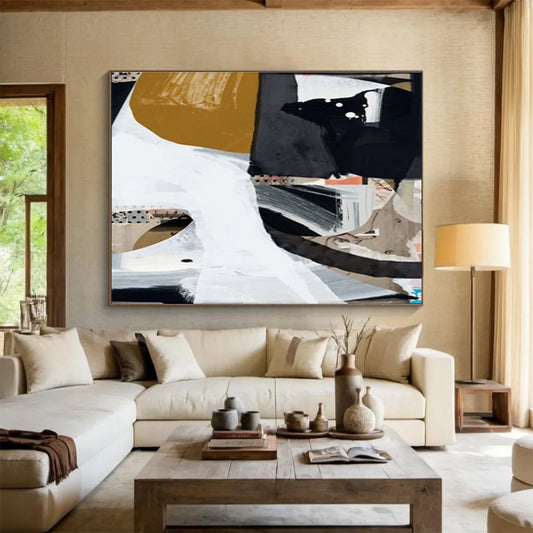Large Contemporary Wall Art Black, White & Gold Abstract Collage Art HPS216