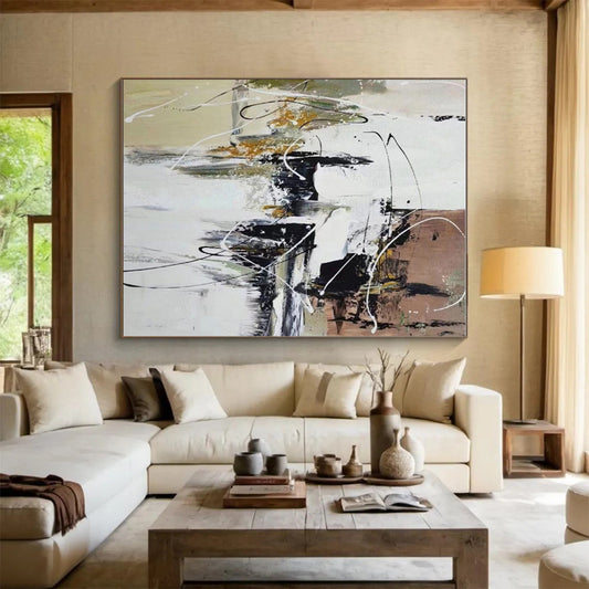 Cool Abstract Paintings Black White Beige Dynamic Abstract Acrylic Art PT348