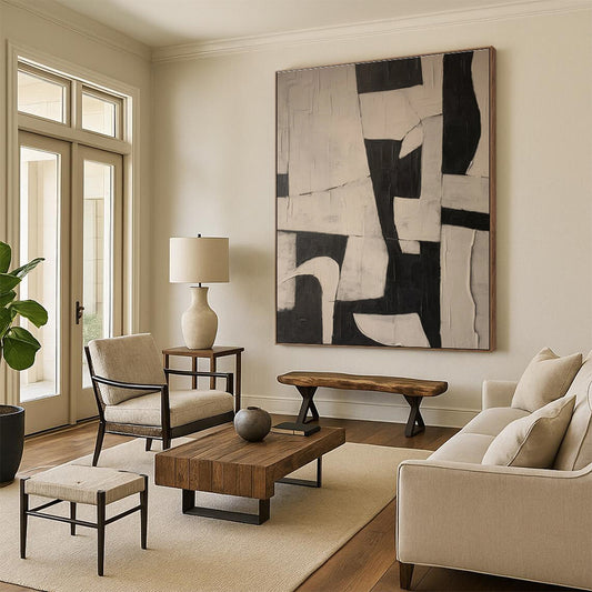 Cool Abstract Paintings in Black and White Geometric Designs, Hand-Painted Acrylic Art PT317