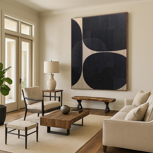 Minimalist Canvas Art in Black and Beige Circular Geometric Shapes, Hand Painted Art PT324