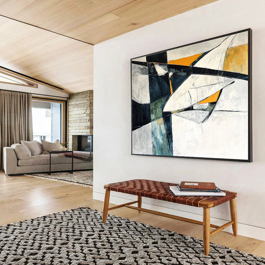 Gaint Canvas Art Black, White, Orange, and Teal Geometric Abstract Painting HPS312