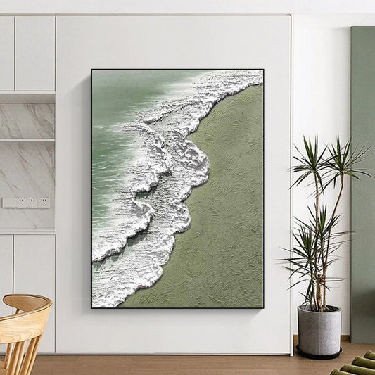 Oversized Abstract Wall Art Green and White Wave Coastal Abstract Painting DPS422