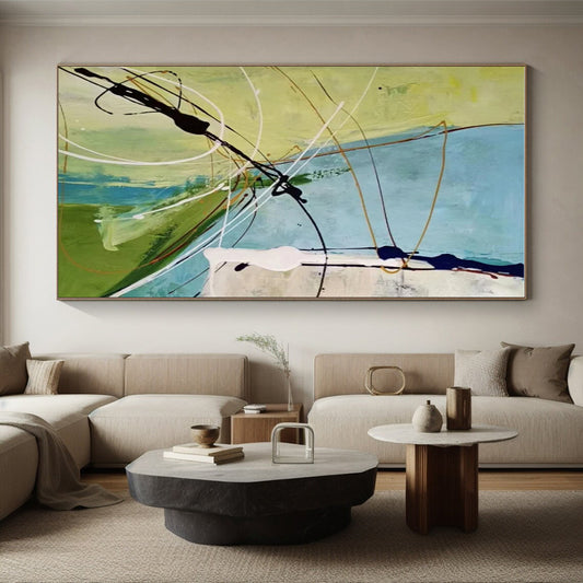 Hand-Painted Green, Blue, and Black Dynamic Abstract Art PT797