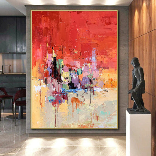 Hand-Painted Red Multicolor Textured Abstract City Art PT387