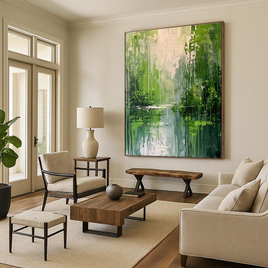 Hand-Painted Large Abstract Painting For Living Room With Green, White Textured Landscape-Inspired On Canvas PT200