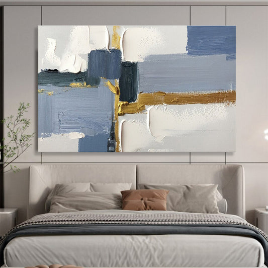 Large Size Blue, Gray, and Gold Textured Abstract Geometric Art HPS354