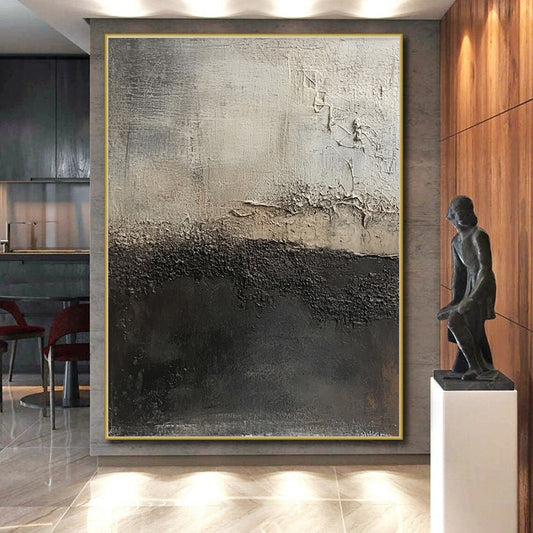 Abstract Canvas Wall Art Large With Black, Gray, Beige Textured Contrast On Canvas PT185