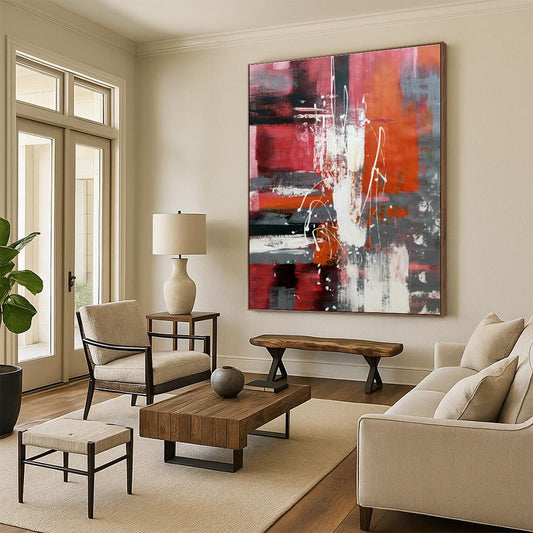 Large Painting In Living Room Red Orange Gray Textured Abstract Art PT400