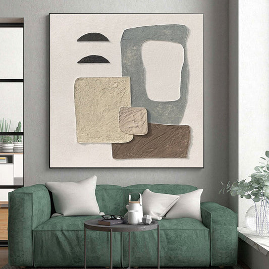 Handmade Art Beige, Gray, Brown and Black Textured Abstract Collage, Large Contemporary Wall Art PT556