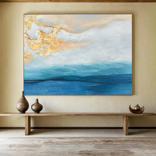 Hand-Painted Blue, White, and Gold Abstract Seaside Sunset Art HPS341