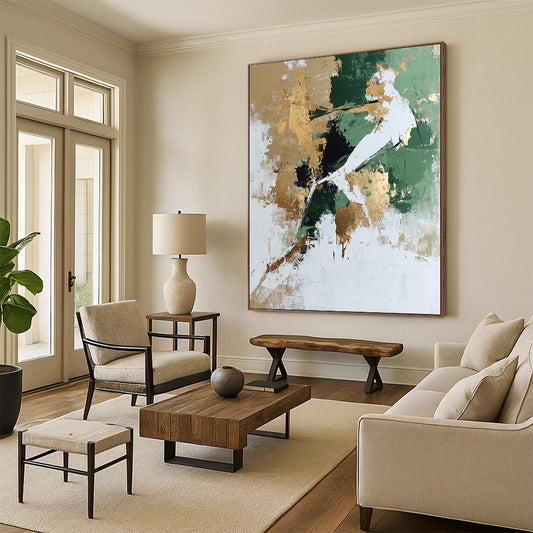 Unique Abstract Art Green, Gold, and White Abstract Geometric Painting DPS434