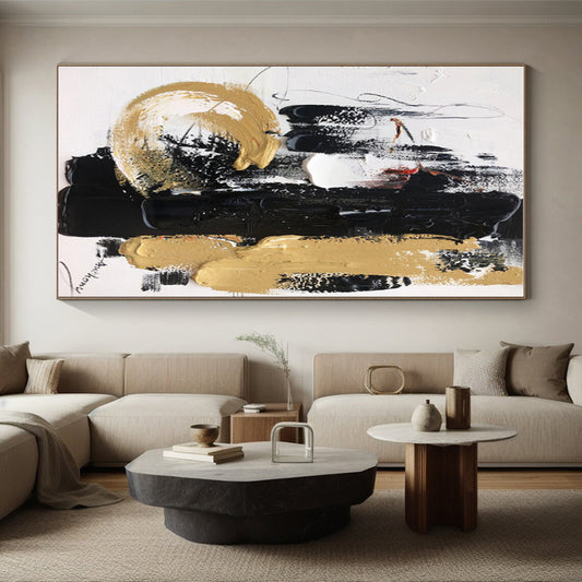 Large Size Black Gold White Abstract Expressionist Acrylic Painting PT474
