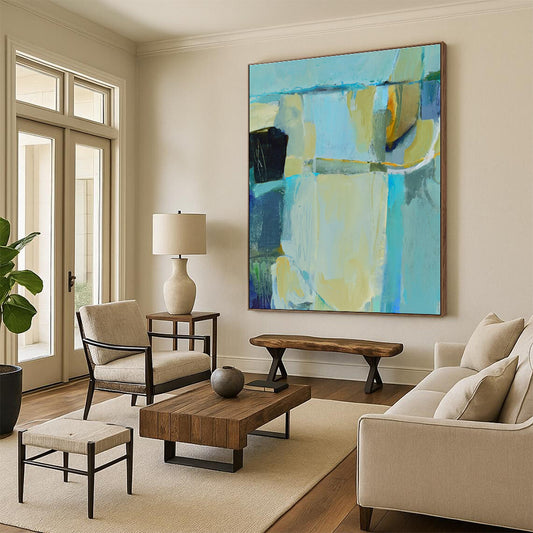 Cool Abstract Paintings Blue, Beige, and Green Geometric Abstract Art PT747