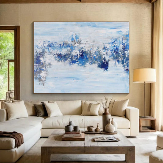 Large Size Abstract Art in Shades of Blue and Gray, Hand-Painted Acrylic Modern Art PT294