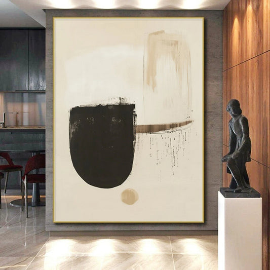 Minimalist Canvas Art Beige Black Abstract Shape Art PT374