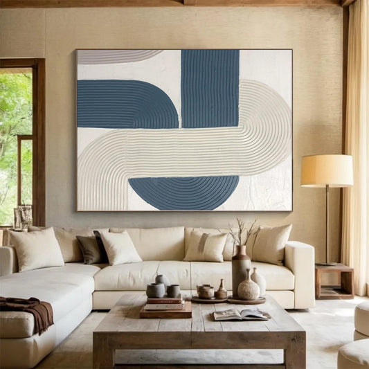 Modern Art Acrylic Blue & Beige Geometric Abstract Painting On Canvas PT029