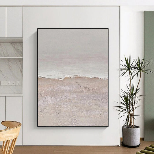 Hand Painting Beige and White Textured Abstract Seaside, Acrylic Modern Art Painting PT550
