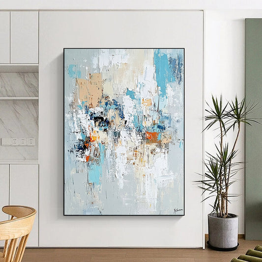 Affordable Large Abstract Wall Art, Blue Beige Orange Abstract Textured Art PT158