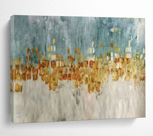 Oversized Abstract Wall Art Teal, Gold, and Beige Abstract Cityscape Art HPS367