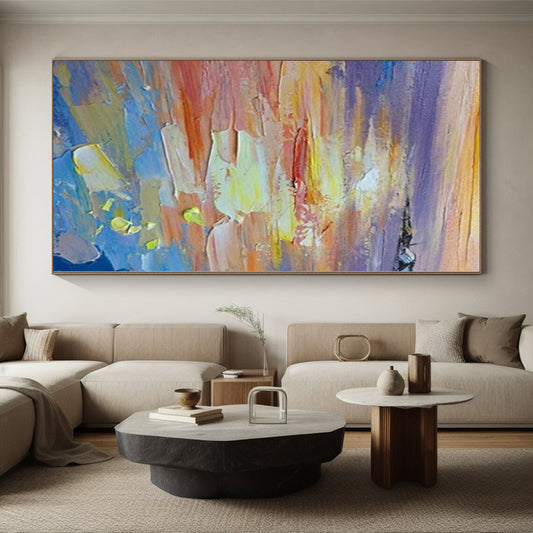 Large Painting In Living Room with Vibrant Sunset Hues (Orange, Yellow, Blue) PT017
