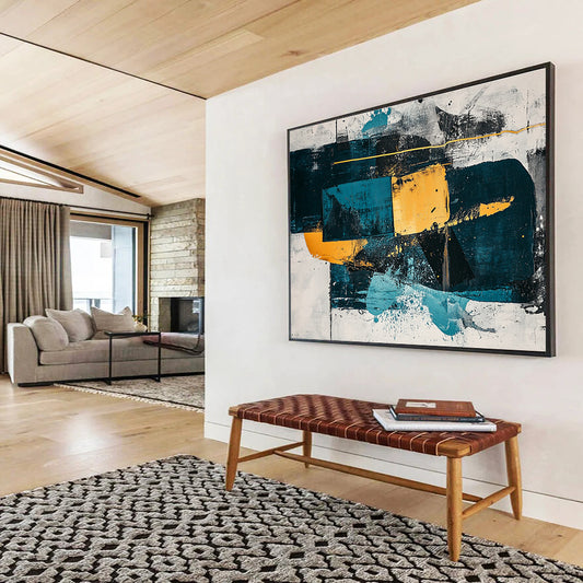 Large Contemporary Wall Art Teal, Yellow, and Black Geometric Abstract Art HPS326