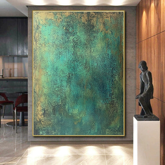 Modern Large Abstract Canvas Painting, Teal Gold Abstract Textured Art PT177
