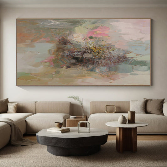 Cool Abstract Paintings Pink, Green, and Beige Floral Abstract Art PT714