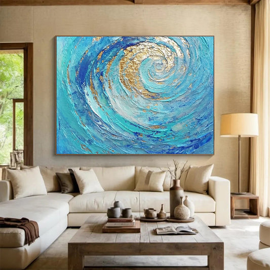 Hand Painted Art Turquoise, Blue & Gold Textured Spiral Abstract Painting HPS257