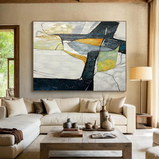 Hand Painting Black, White & Yellow Abstract Geometric Art HPS192