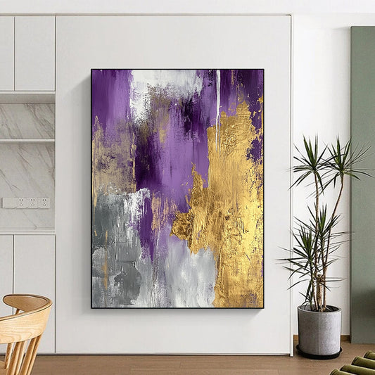 Hand Painting Purple, Gold & Gray Textured Abstract Painting On Canvas PT112