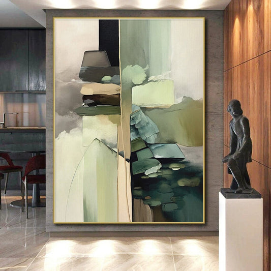 Hand-Painted - Neutral & Green Geometric Blocks Abstract Art with Soft Transitions PT581