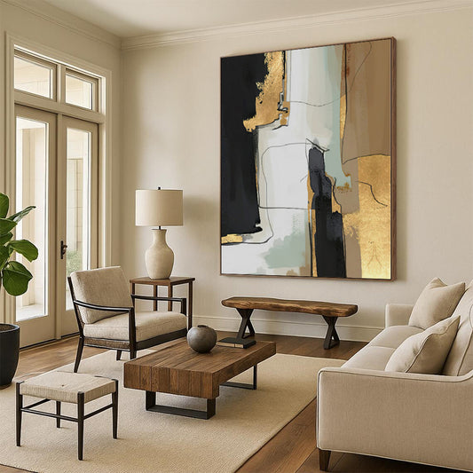 Oversized Abstract Wall Art Black, Gold & Gray Textured Abstract Painting On Canvas PT088