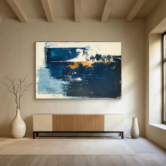 Large Painting In Living Room Blue, Orange, and White Abstract Expressionist Art HPS325