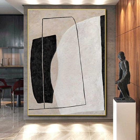 Hand-Painted Black, Beige, and White Geometric Abstract Art PT692