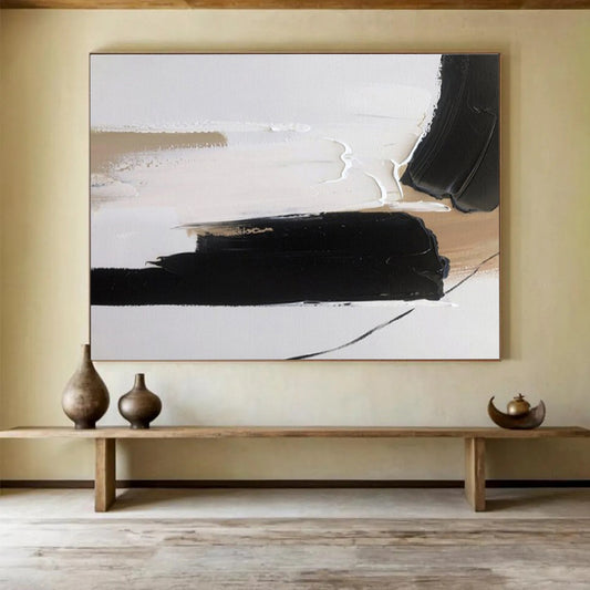 Large Painting In Living Room Black, White, and Beige Abstract Minimalist Art HPS355
