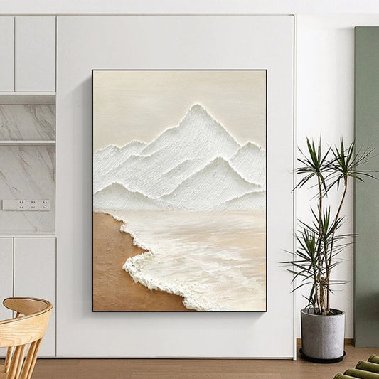 Handmade Art Beige and White Mountain and Sea Abstract Landscape Painting DPS449