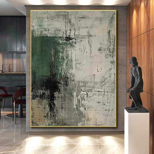Hand-Painted - Green, Gray & Beige Textured Abstract Art with Dynamic Lines PT598