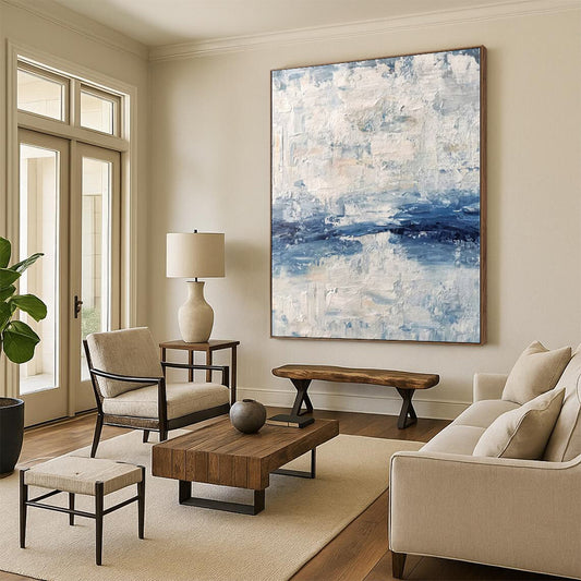 Hand Painted Art Blue & White Textured Abstract Painting On Canvas PT093