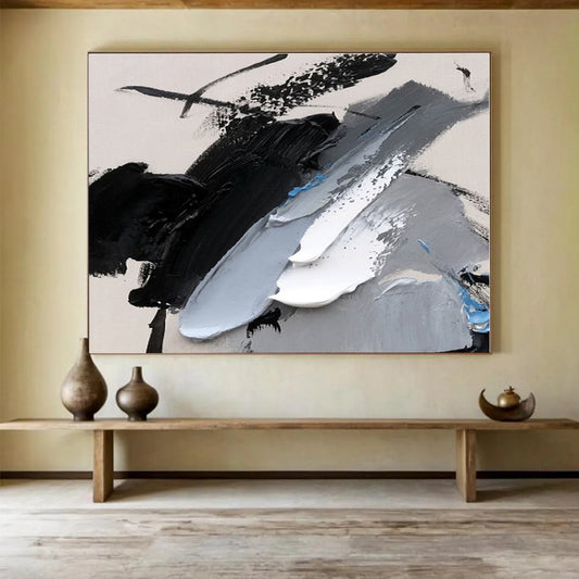 Minimalist Canvas Art Black, White, Gray & Blue Textured Abstract Painting On Canvas HPS087